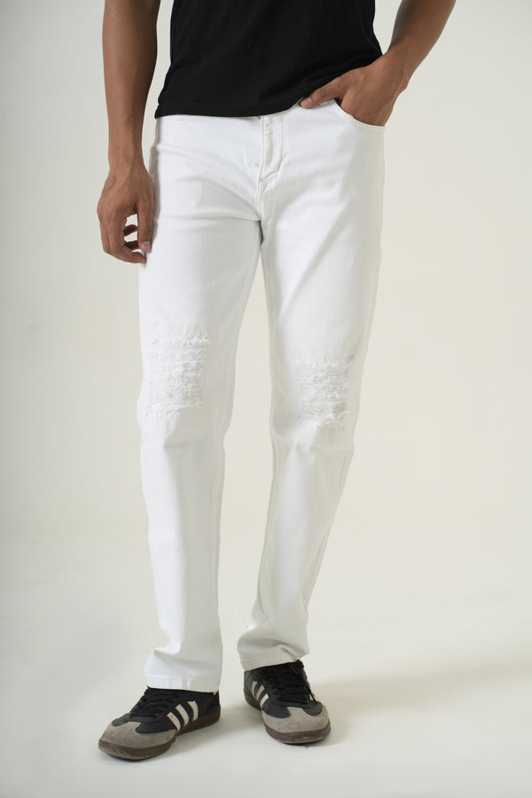 Indigo Affair Super White Ripped Straight Fit Denim