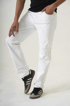 Indigo Affair Super White Ripped Straight Fit Denim