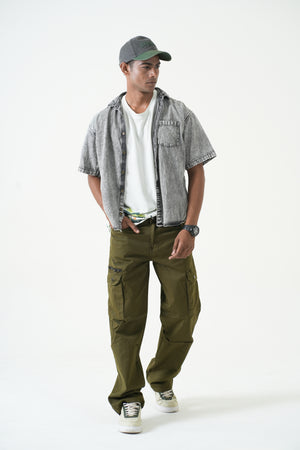 Indigo Affair Olive Green Terrain Loose Fit Cargo Denim