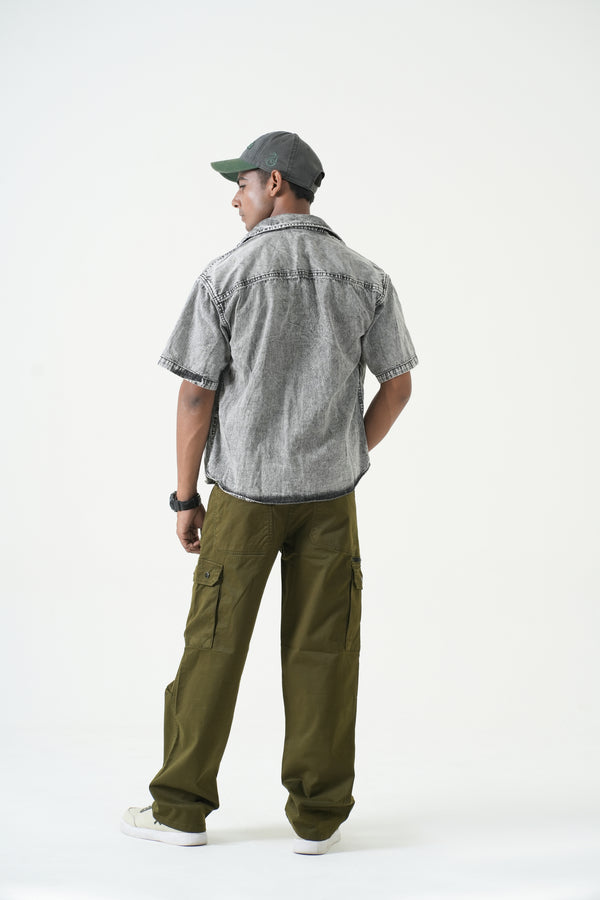 Indigo Affair Olive Green Terrain Loose Fit Cargo Denim