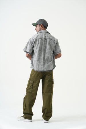 Indigo Affair Olive Green Terrain Loose Fit Cargo Denim