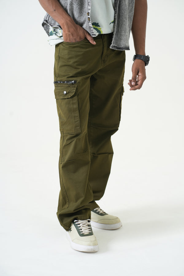Indigo Affair Olive Green Terrain Loose Fit Cargo Denim